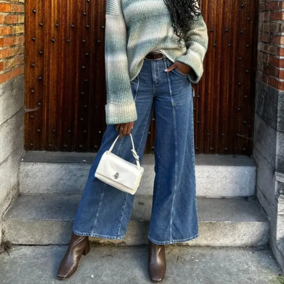 Lee Wide Leg Cargo Jeans Denim SIZE 28 Medium Wash Slouchy Long Carpenter $118 - Picture 9 of 13